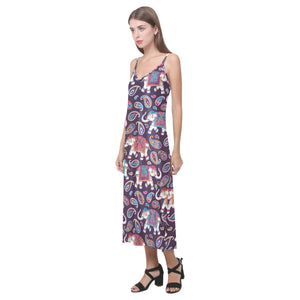 Elephant indian style ornament pattern V-Neck Open Fork Long Dress