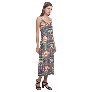 Sugar skulls flower maxican pattern V-Neck Open Fork Long Dress