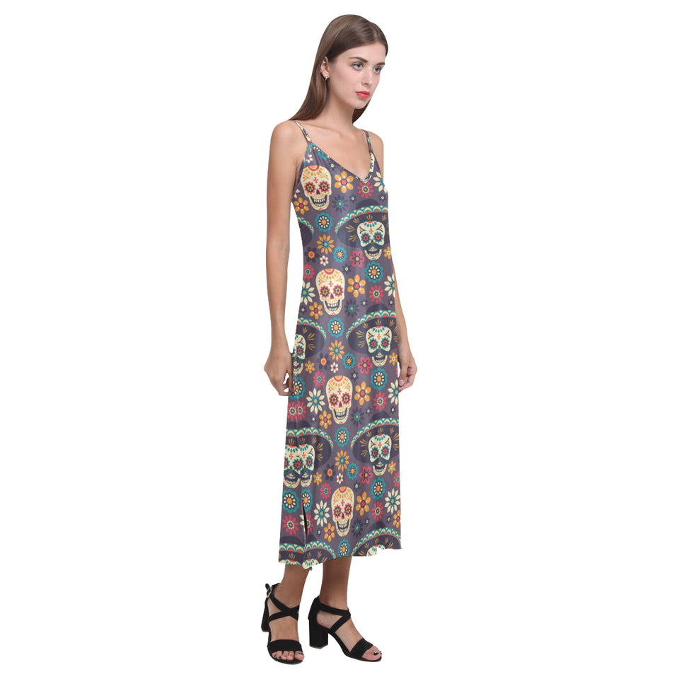 Sugar skulls flower maxican pattern V-Neck Open Fork Long Dress