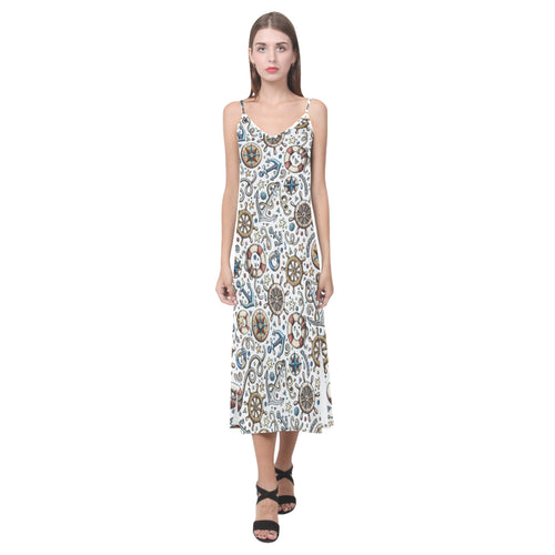 Cute nautical steering wheel anchor pattern V-Neck Open Fork Long Dress