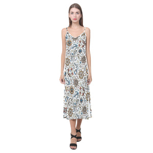 Cute nautical steering wheel anchor pattern V-Neck Open Fork Long Dress
