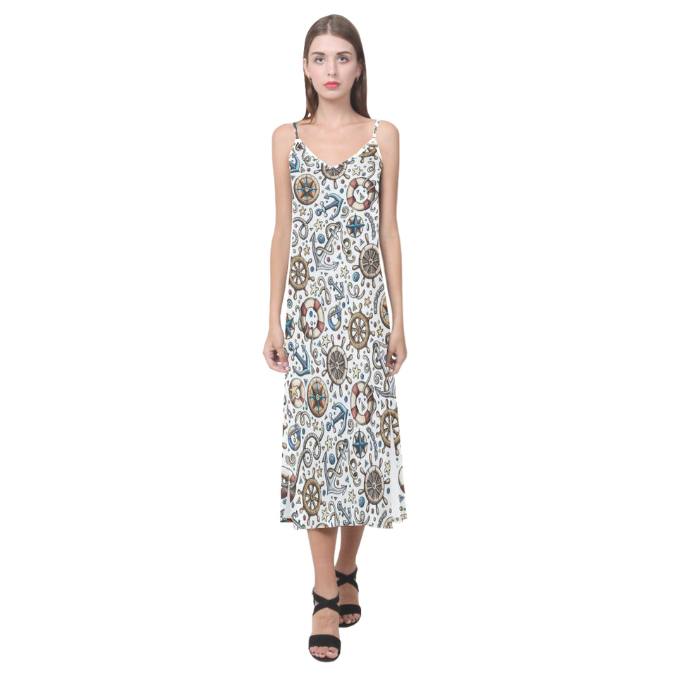 Cute nautical steering wheel anchor pattern V-Neck Open Fork Long Dress