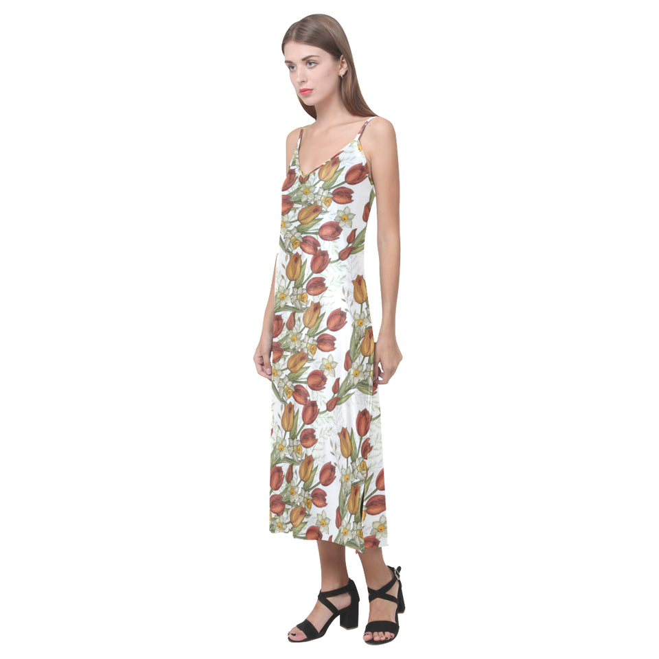 Red tulips and daffodils pattern V-Neck Open Fork Long Dress