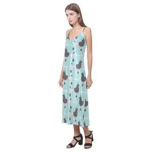 poodle dog green background V-Neck Open Fork Long Dress