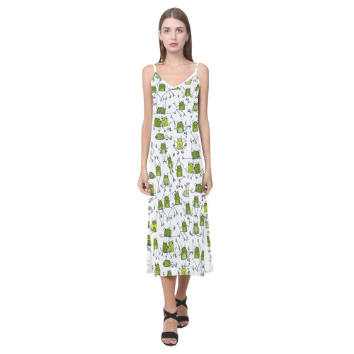 Sketch funny frog pattern V-Neck Open Fork Long Dress
