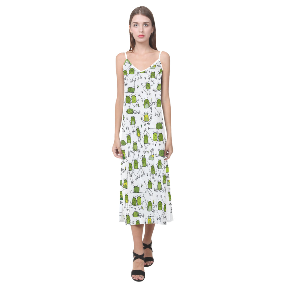 Sketch funny frog pattern V-Neck Open Fork Long Dress