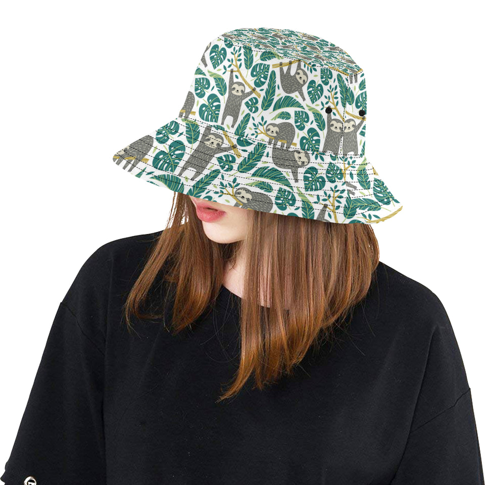 Cute sloths tropical palm leaves white background Unisex Bucket Hat