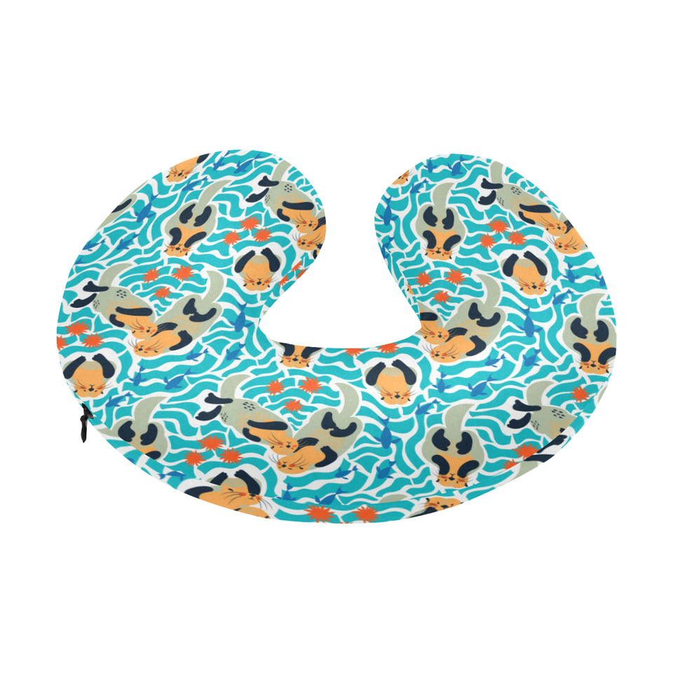 Cute sea otters fishe sea urchin pattern U-Shaped Travel Neck Pillow