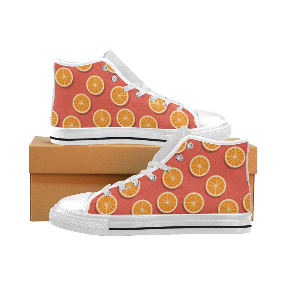 Oranges pattern red background Men's High Top Canvas Shoes White