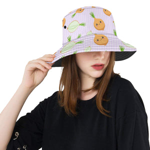 cute onions smiling faces purple background Unisex Bucket Hat