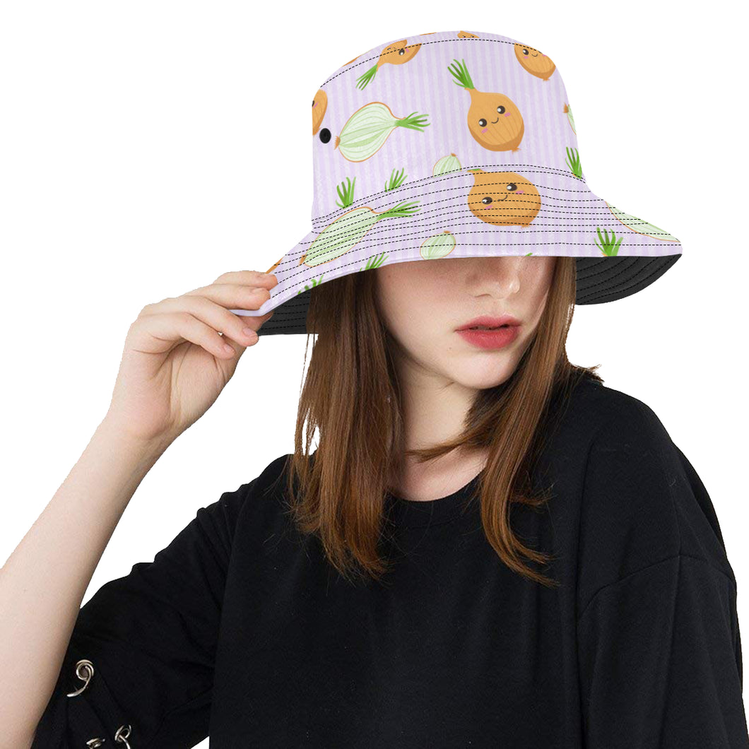 cute onions smiling faces purple background Unisex Bucket Hat