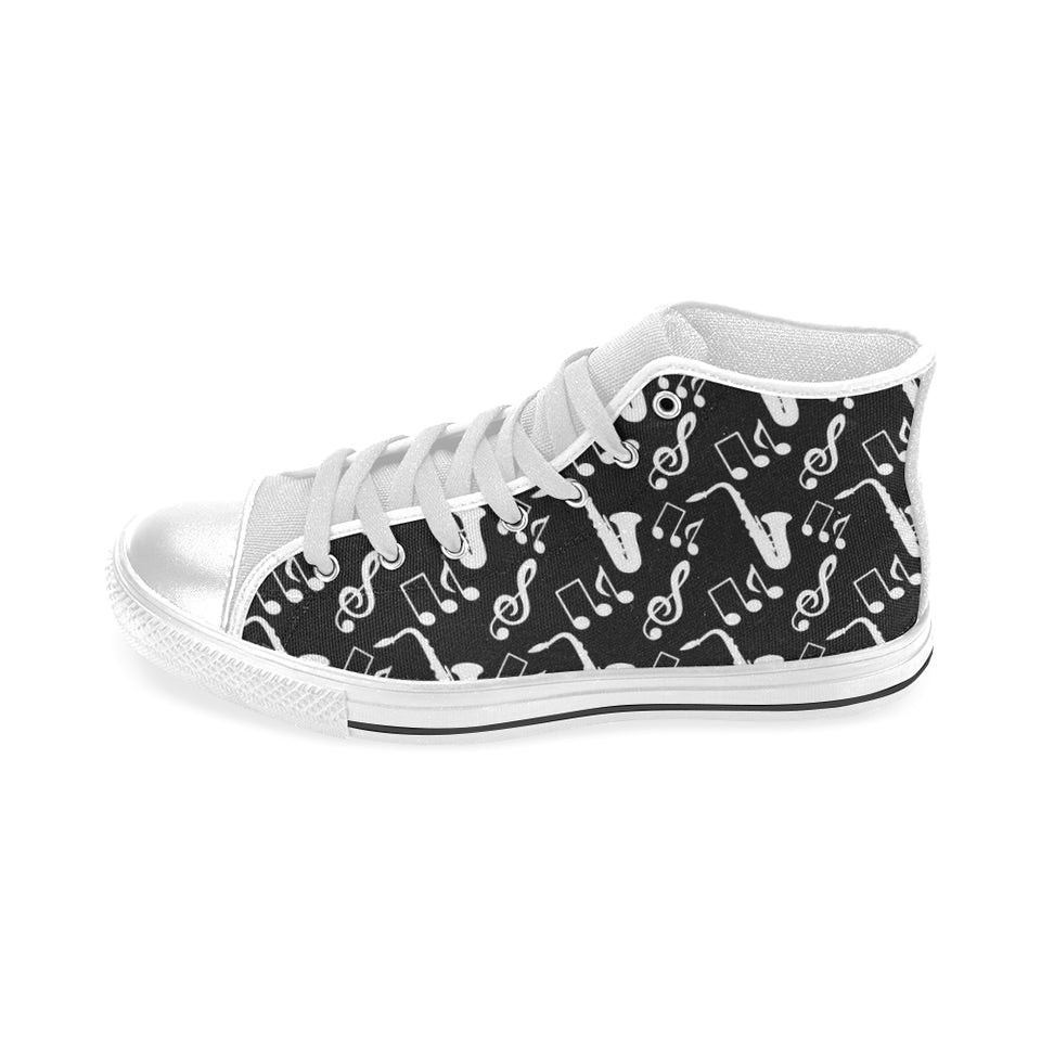 Saxophone music notes treble clef black white them Men's High Top Canvas Shoes White