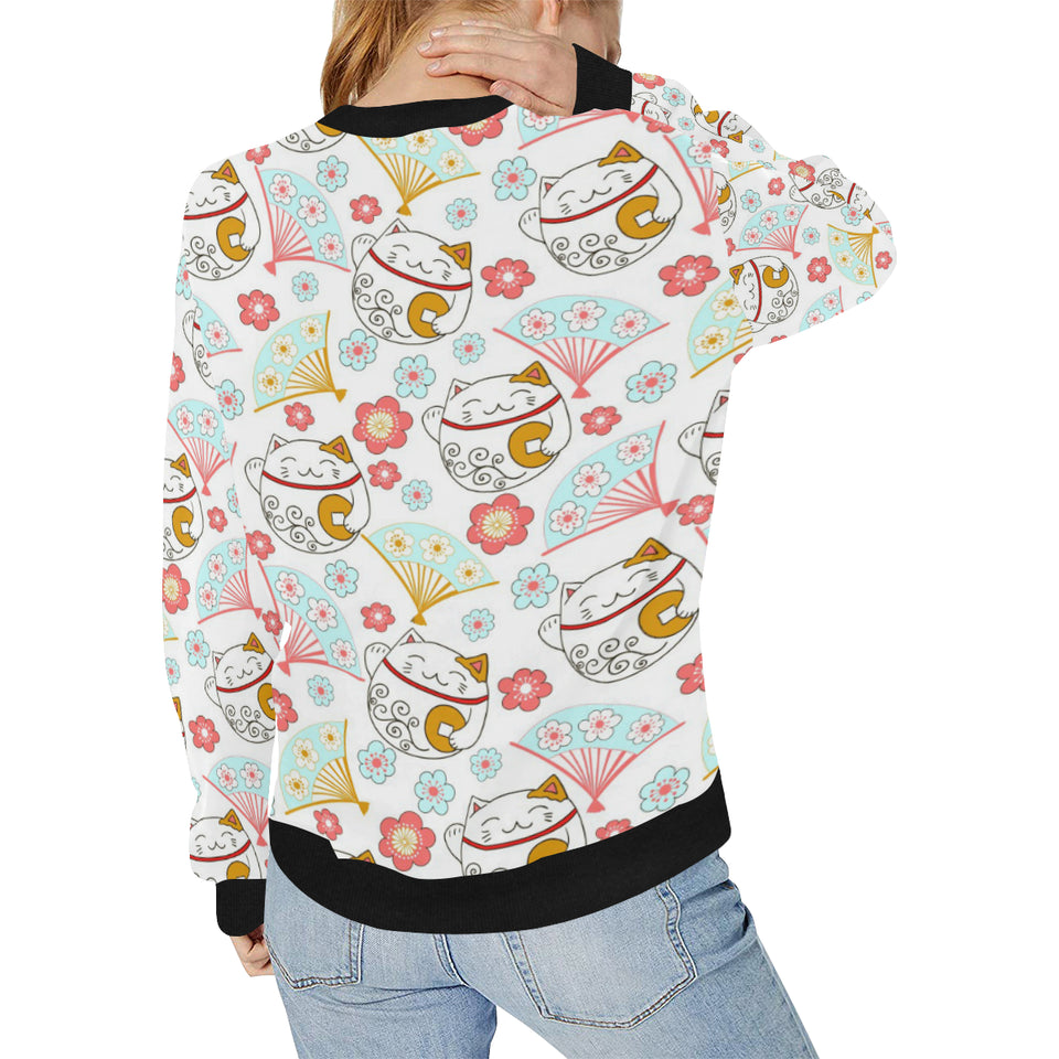 Maneki neko cat fan sakura Women's Crew Neck Sweatshirt