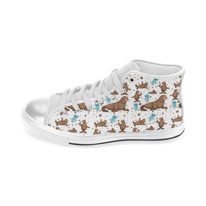 sea lion Seals jellyfish pattern Women's High Top Canvas Shoes White