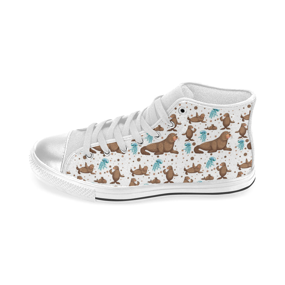 sea lion Seals jellyfish pattern Women's High Top Canvas Shoes White