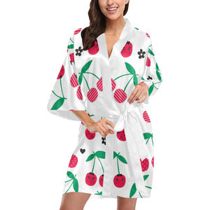 cherry pattern white background Women's Short Kimono Robe