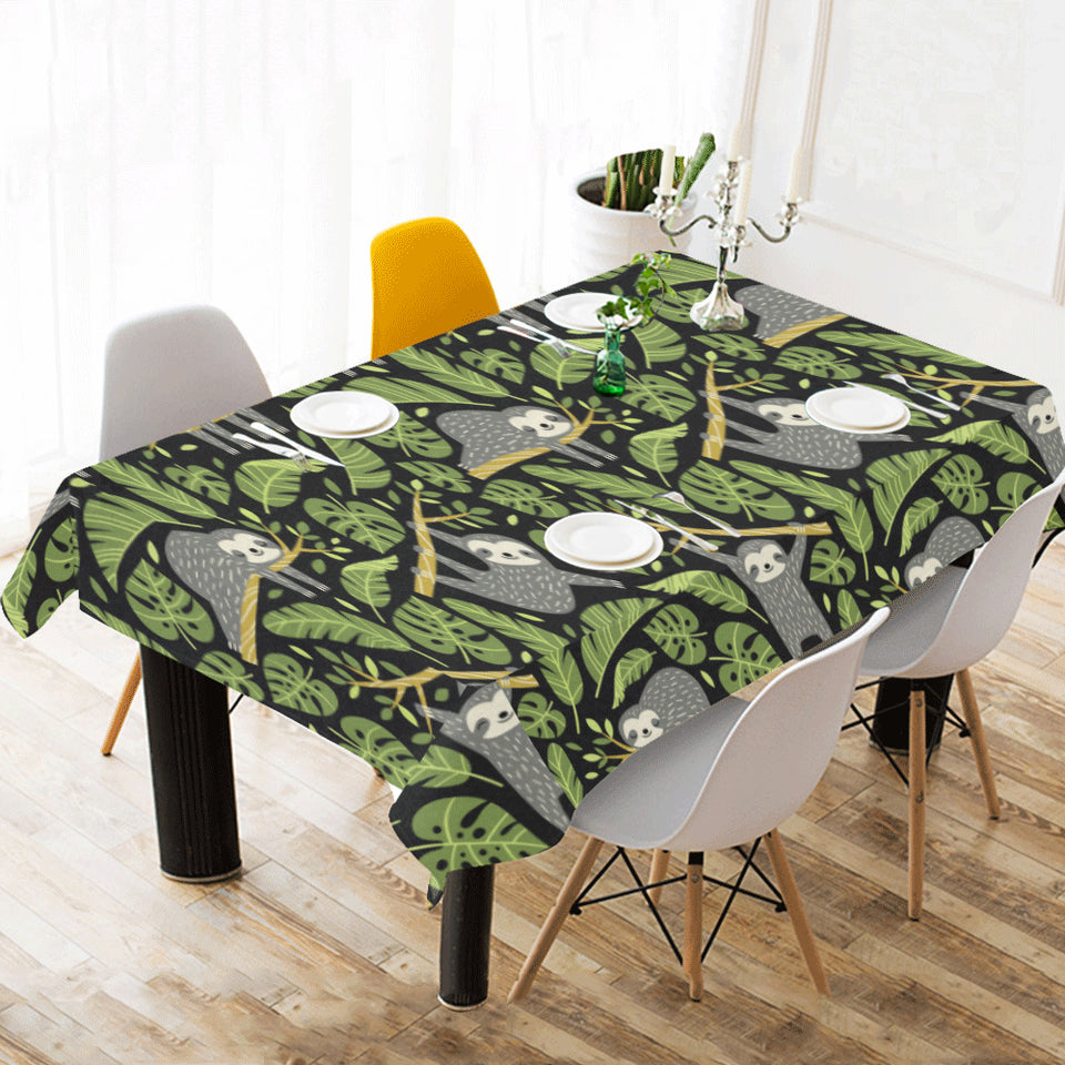 Cute sloths tropical palm leaves black background Tablecloth