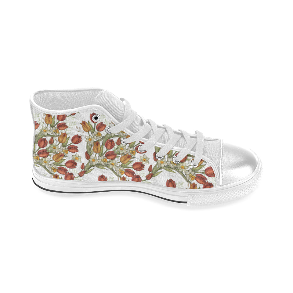 Red tulips and daffodils pattern Women's High Top Canvas Shoes White