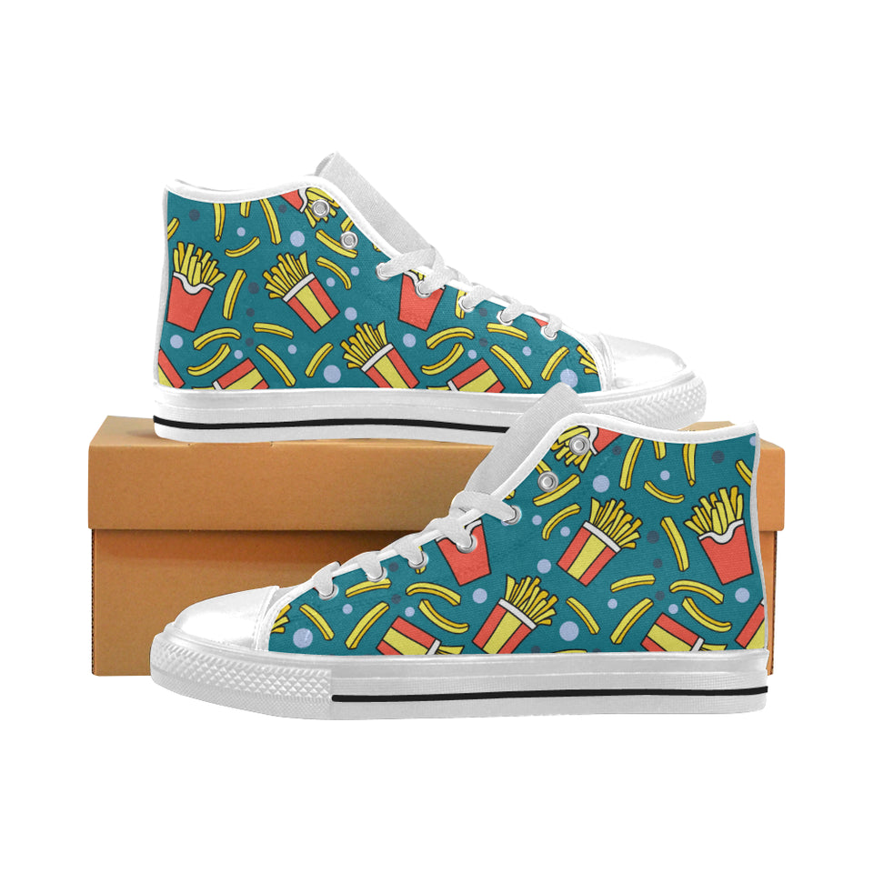French fries red paper box pattern Men's High Top Canvas Shoes White
