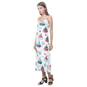 Cute color paper sailboat pattern V-Neck Open Fork Long Dress