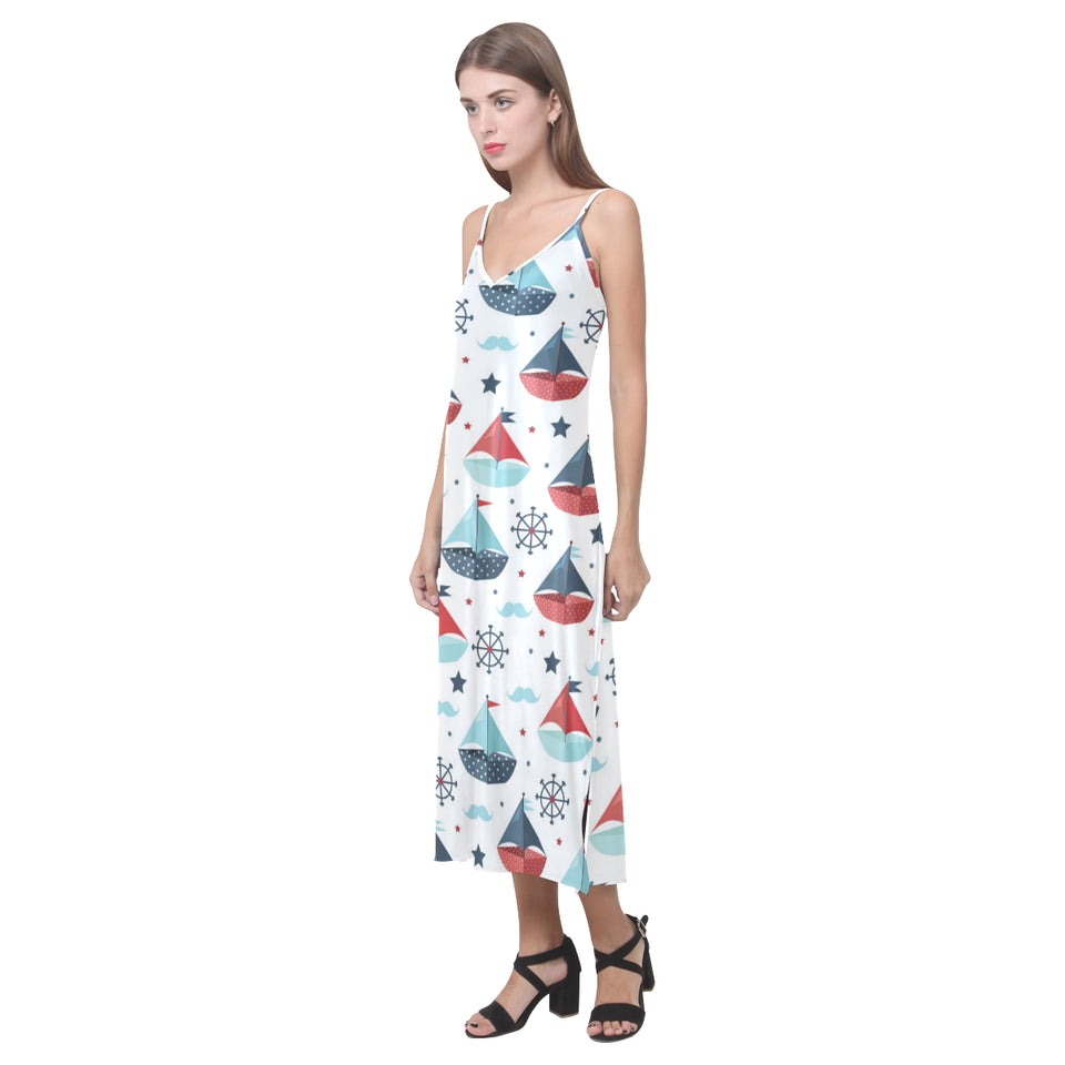 Cute color paper sailboat pattern V-Neck Open Fork Long Dress
