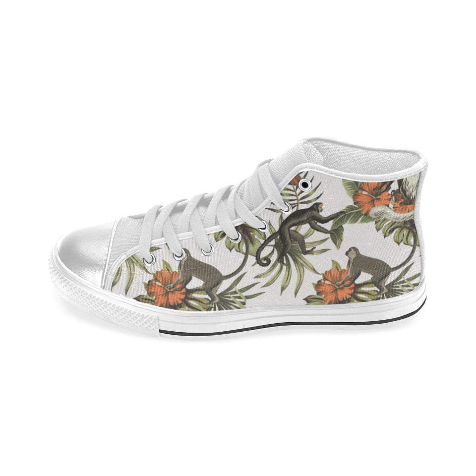 Monkey red hibiscus flower palm leaves floral patt Women's High Top Canvas Shoes White