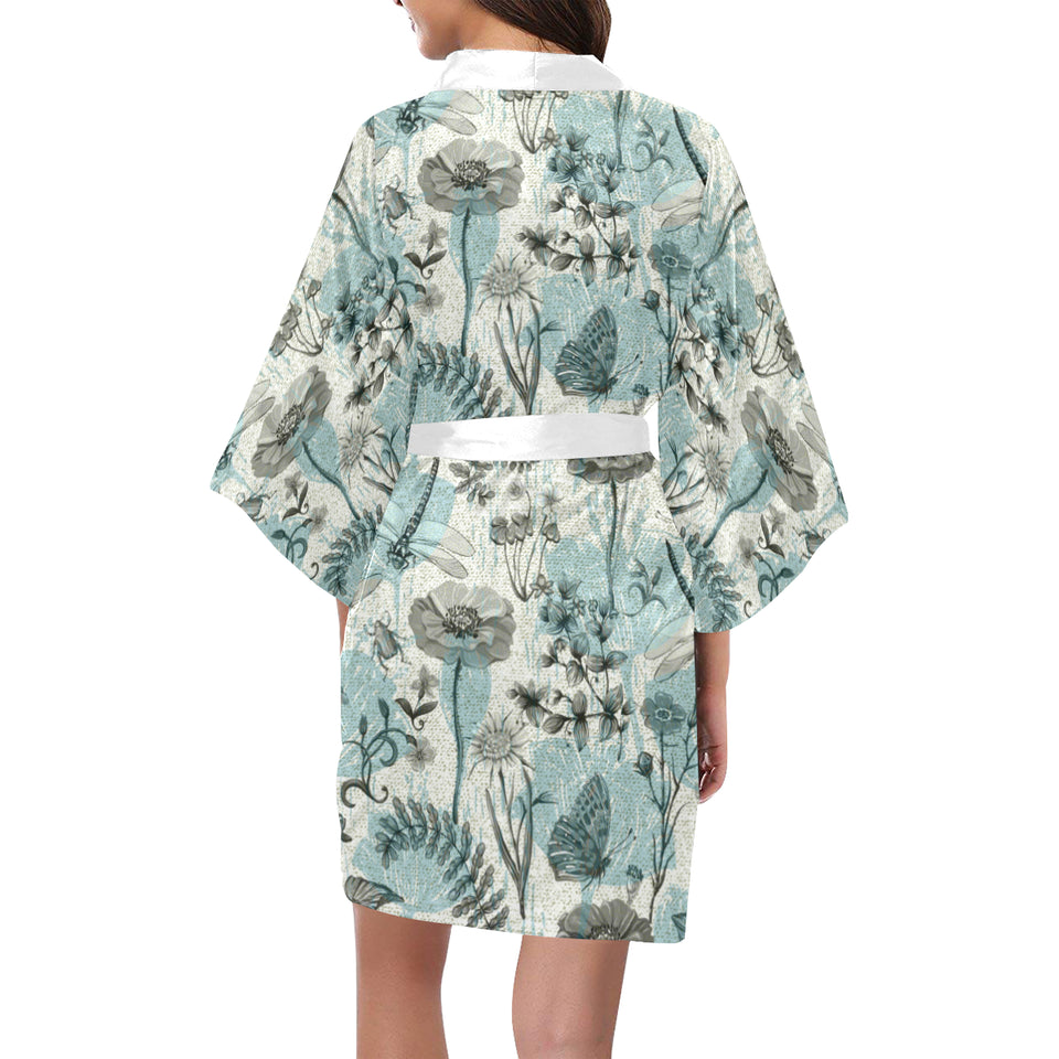 Dragonfly Butterfly Plants insect flower vintage s Women's Short Kimono Robe