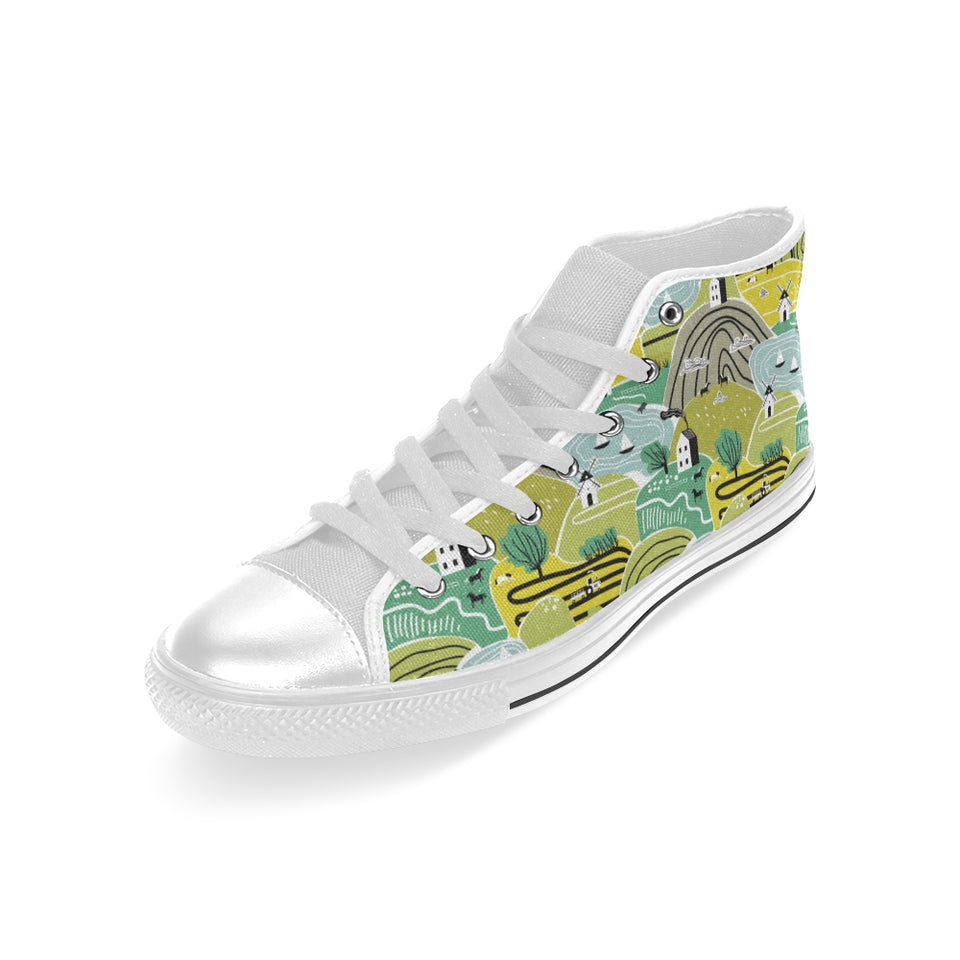 Hand drawn windmill pattern Men's High Top Canvas Shoes White
