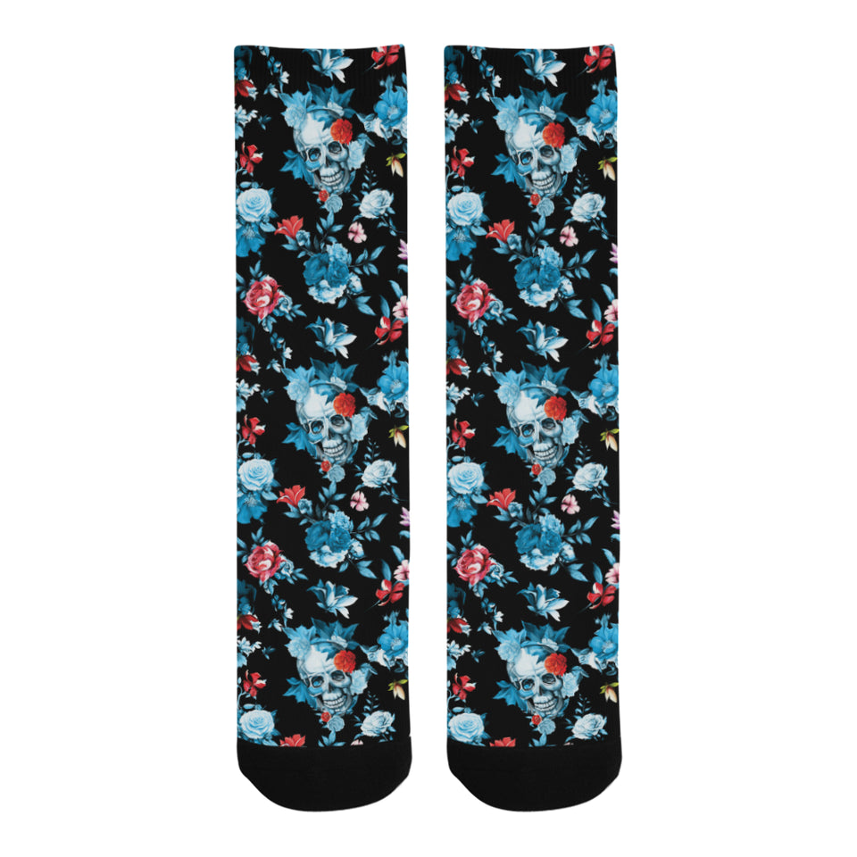 Skull flower roses leave pattern Crew Socks