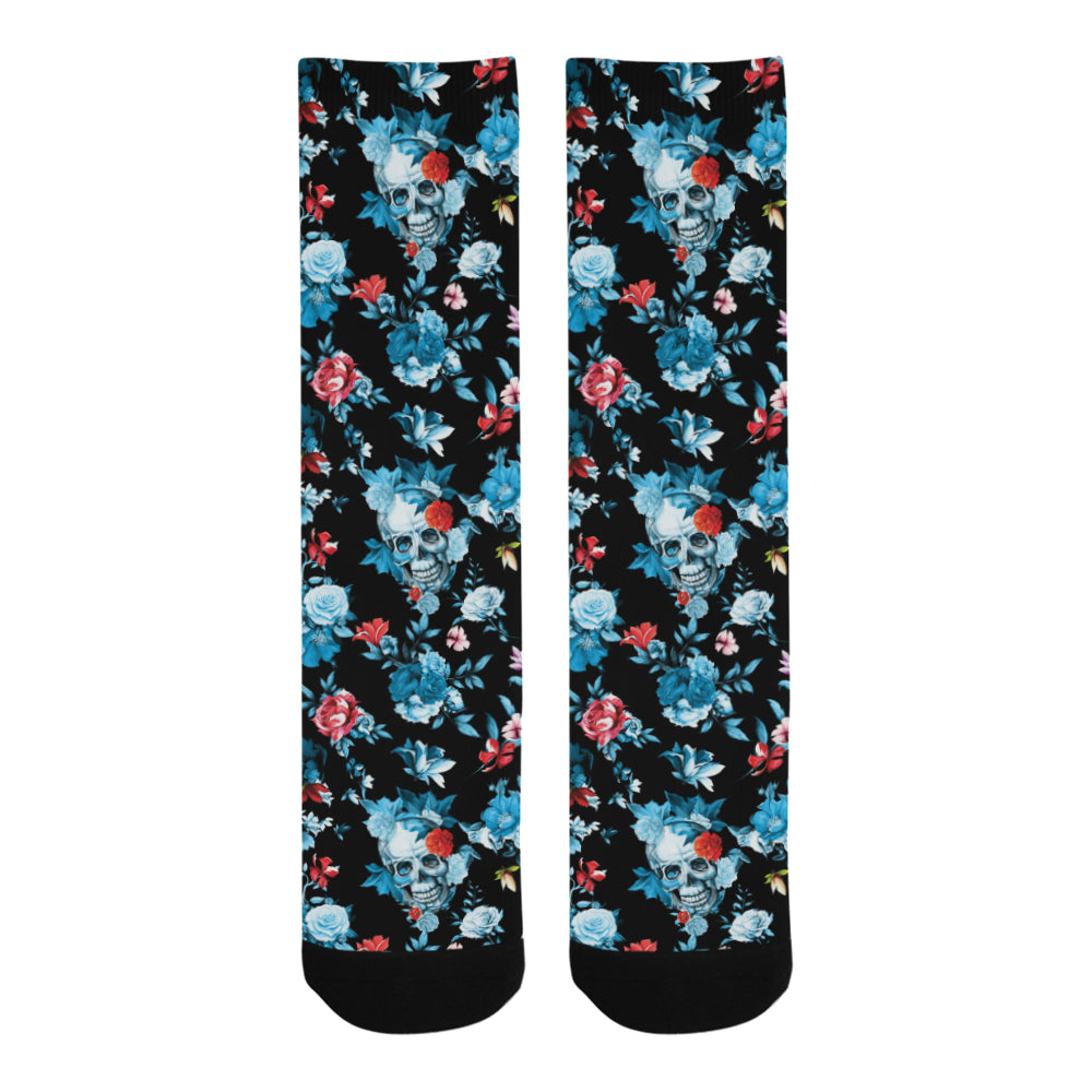 Skull flower roses leave pattern Crew Socks