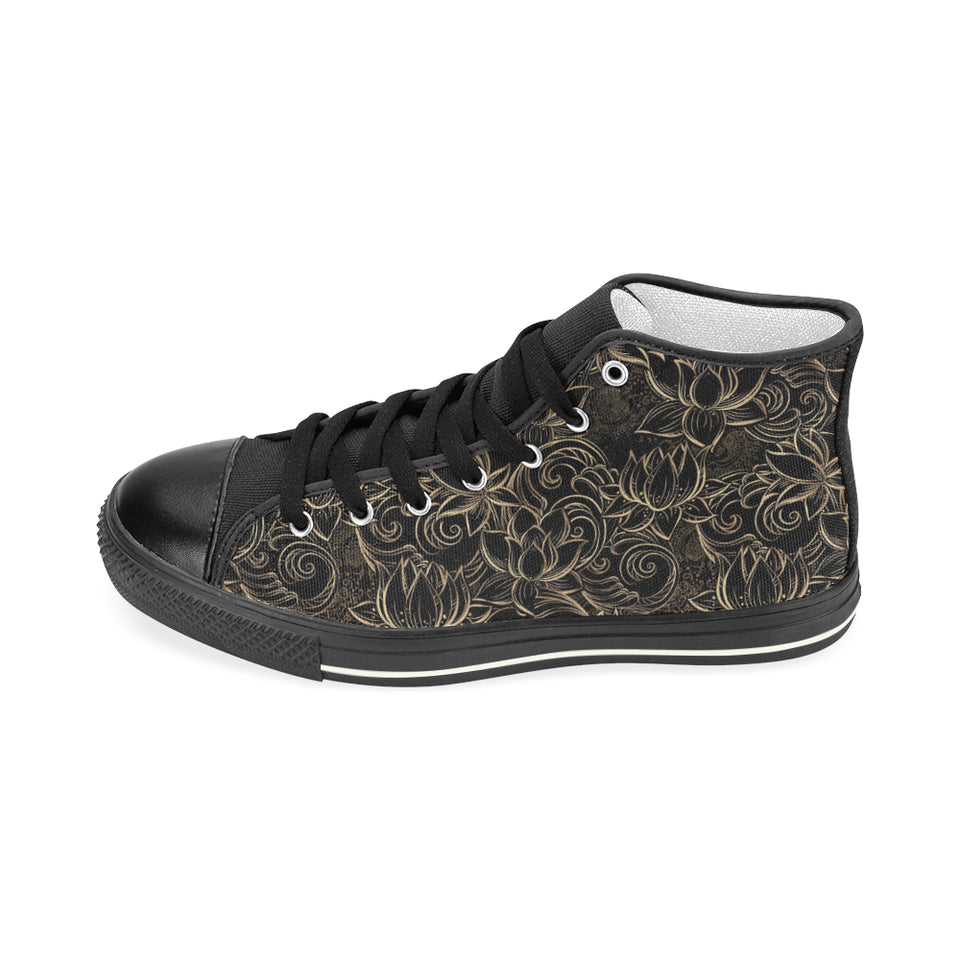 luxurious gold lotus waterlily black background Women's High Top Canvas Shoes Black