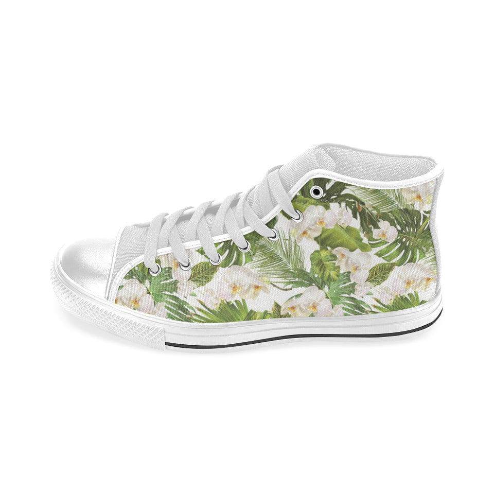 White orchid flower tropical leaves pattern Men's High Top Canvas Shoes White