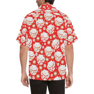 Cute Maneki neko cat red background Men's All Over Print Hawaiian Shirt