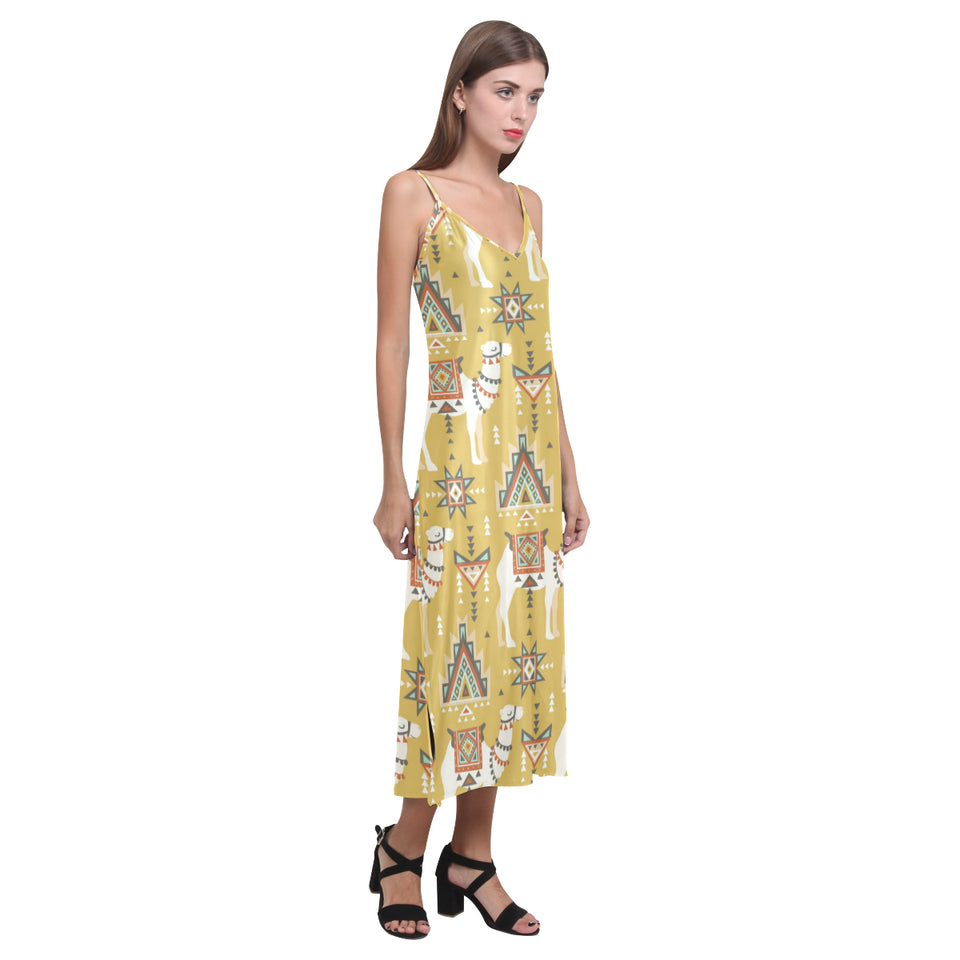 Camels ethnic motif pattern V-Neck Open Fork Long Dress