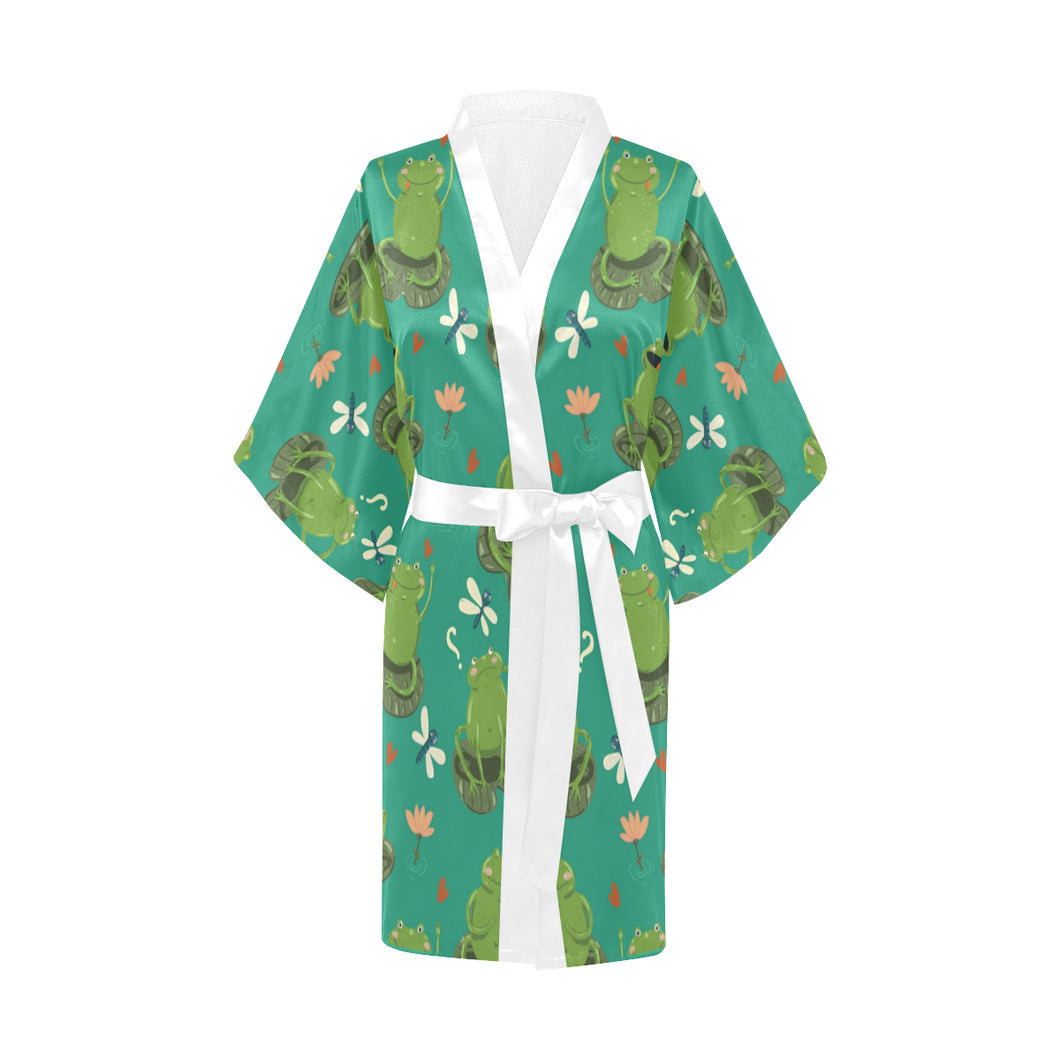 Cute frog dragonfly design pattern Women's Short Kimono Robe