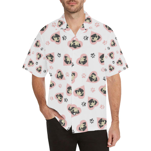 Cute pugs pink heart paw pattern Men's All Over Print Hawaiian Shirt