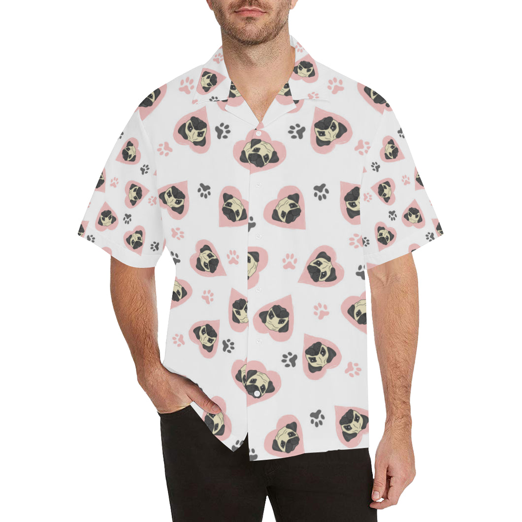 Cute pugs pink heart paw pattern Men's All Over Print Hawaiian Shirt