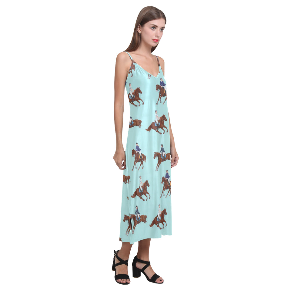Horses running horses rider pattern V-Neck Open Fork Long Dress