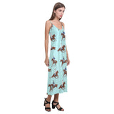 Horses running horses rider pattern V-Neck Open Fork Long Dress