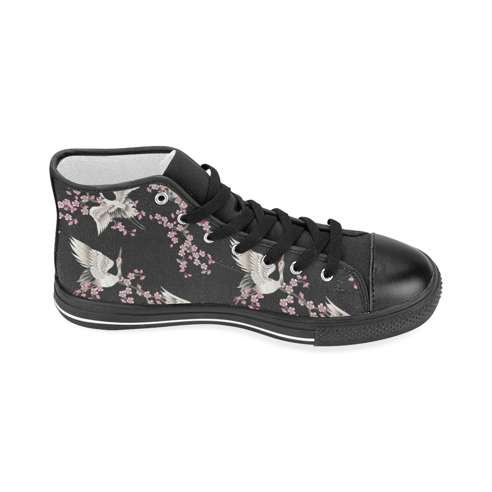 Japanese crane pink sakura pattern Women's High Top Canvas Shoes Black