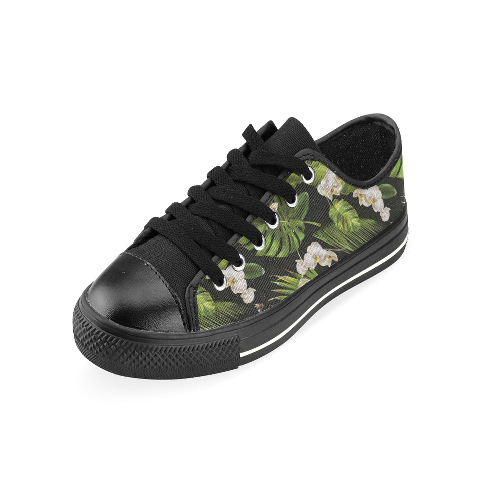 White orchid flower tropical leaves pattern blackg Men's Low Top Canvas Shoes Black