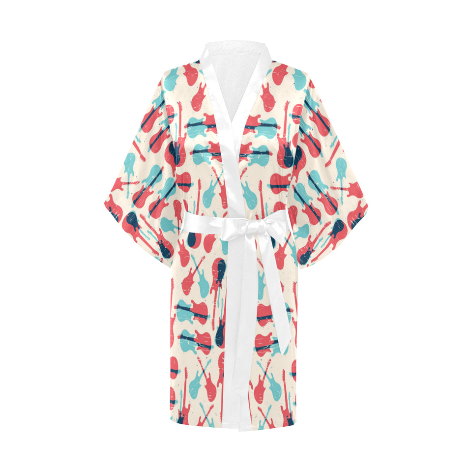 Red Blue guitar pattern Women's Short Kimono Robe
