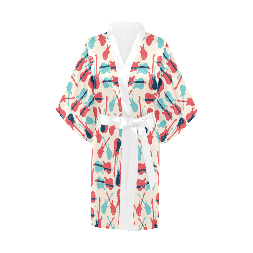Red Blue guitar pattern Women's Short Kimono Robe