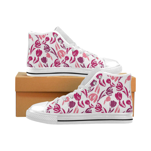 pink sketch tulip pattern Men's High Top Canvas Shoes White