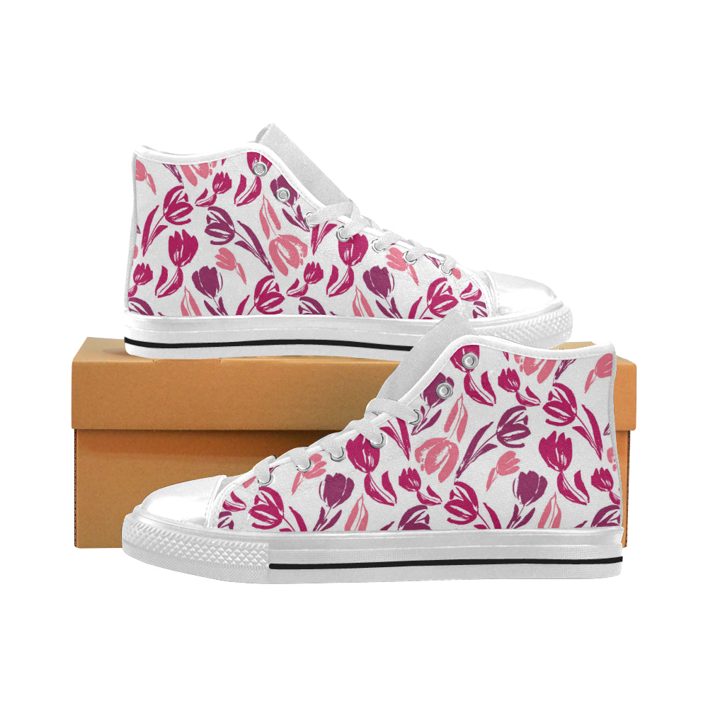 pink sketch tulip pattern Men's High Top Canvas Shoes White