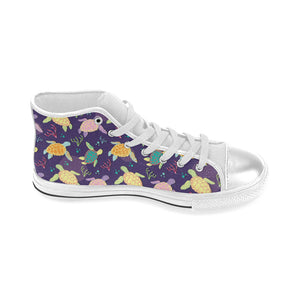 Colorful sea turtle pattern Women's High Top Canvas Shoes White