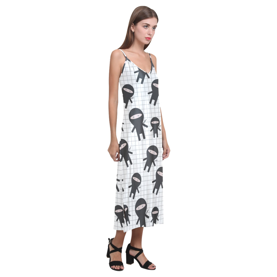 Ninja pattern plaid background V-Neck Open Fork Long Dress