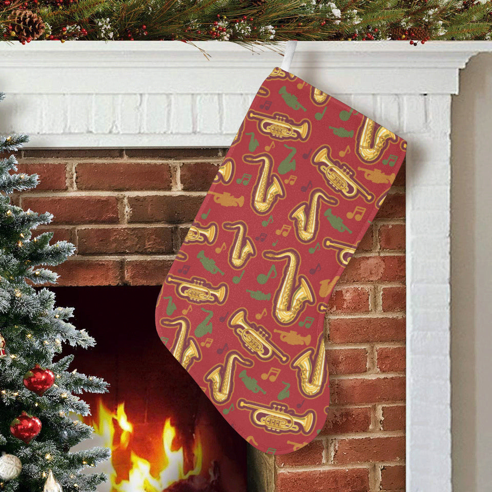 Saxophone cornet pattern red background Christmas Stocking