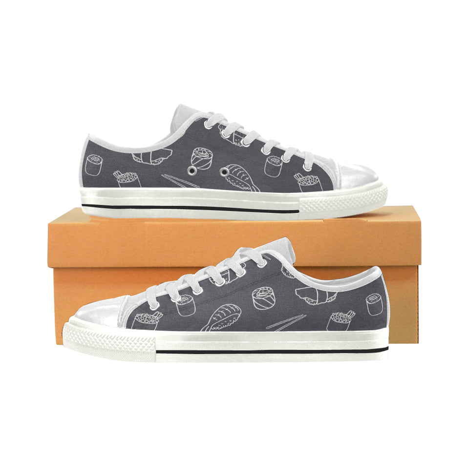 sushi pattern black background Women's Low Top Canvas Shoes White