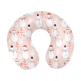 Cute snowman christmas tree snowpink background U-Shaped Travel Neck Pillow